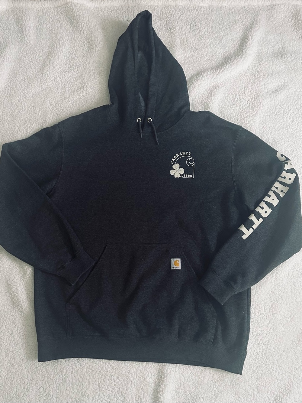 Carhartt Dark Gray Hoodie with White Shamrock Logo and Sleeve Script